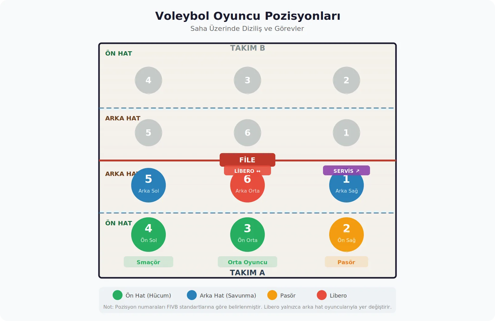 Voleybol oyuncu pozisyonları saha üzerinde 6 oyuncu dizilişi